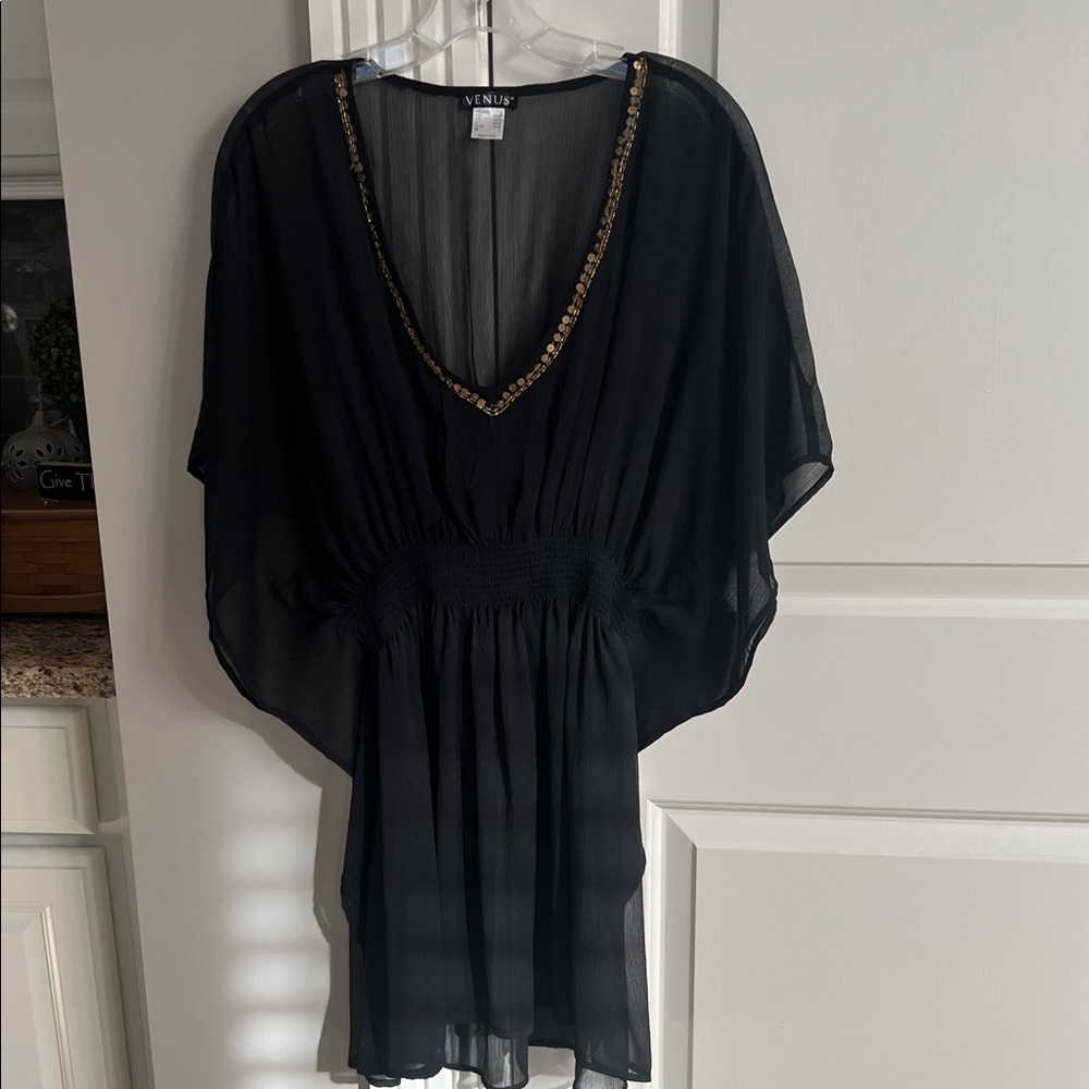 VENUS Black V-Neck beach cover-up with Gold Accents